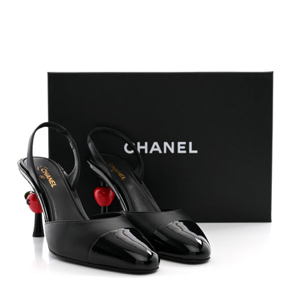 Chanel Lambskin Patent Cap Toe CC Apple Slingback Pumps 39 Black 10 of 10