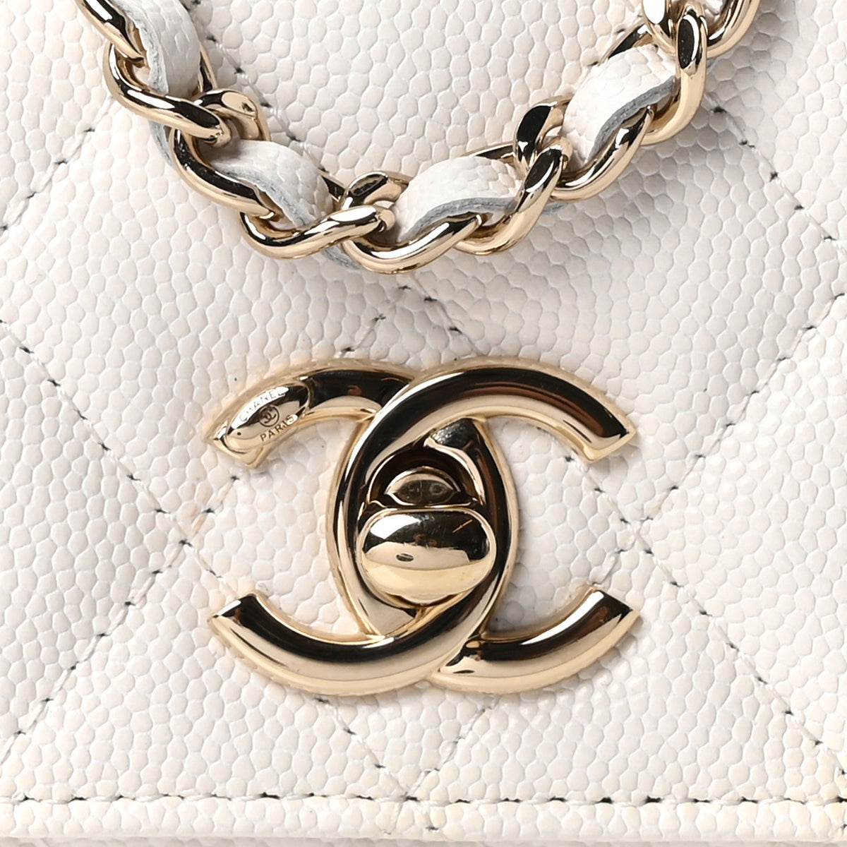 Caviar Quilted Coco Handle Clutch With Chain White