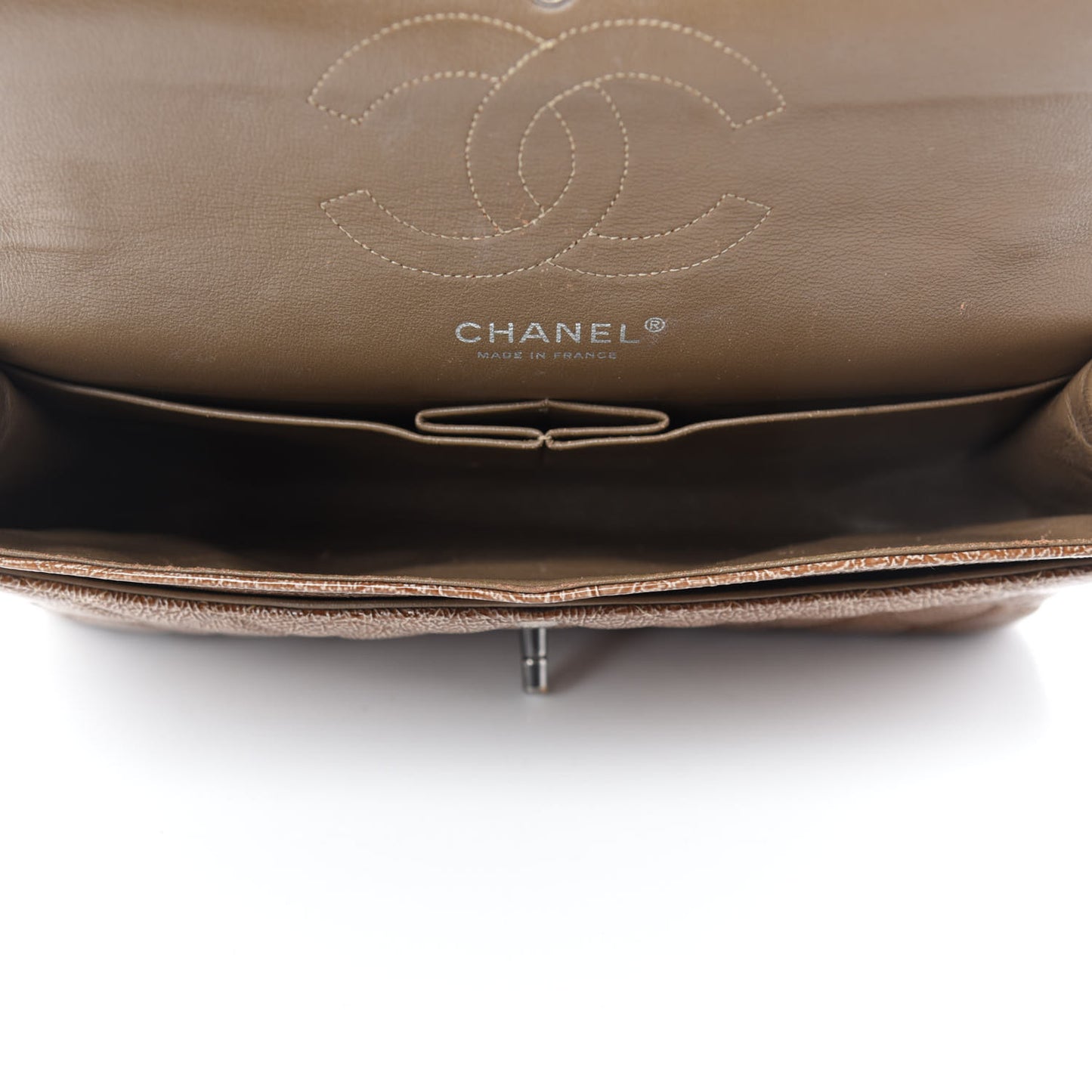 Crinkled Patent Quilted Medium Double Flap Brown