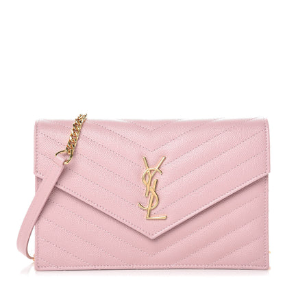 Saint Laurent Grain De Poudre Matelasse Chevron Monogram Envelope Chain Wallet Tender Pink 1 of 11