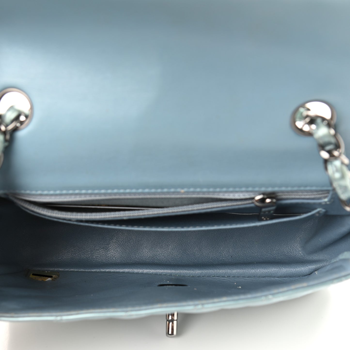 Patent Calfskin Quilted Mini Rectangular Flap Light Blue