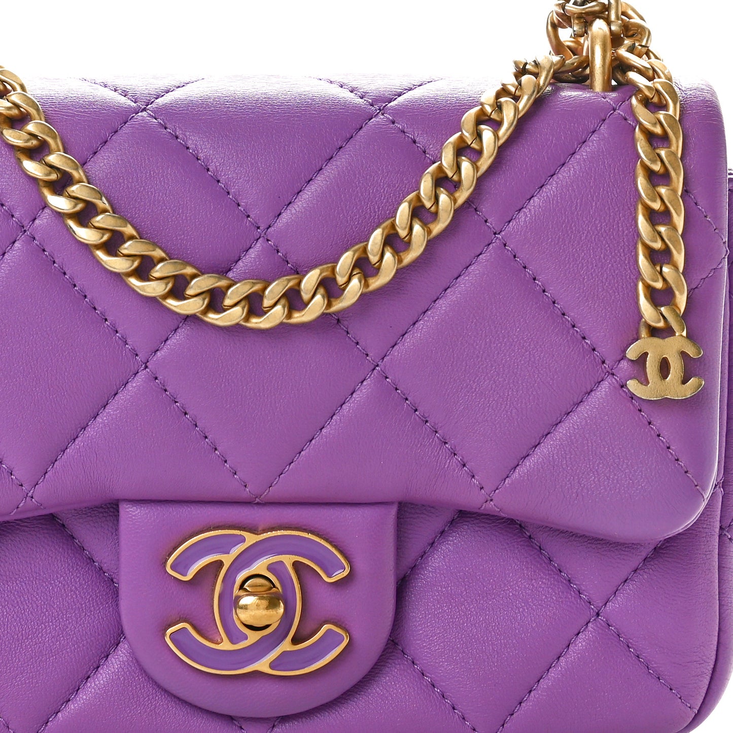 Lambskin Enamel Quilted Mini Pending CC Square Flap Purple