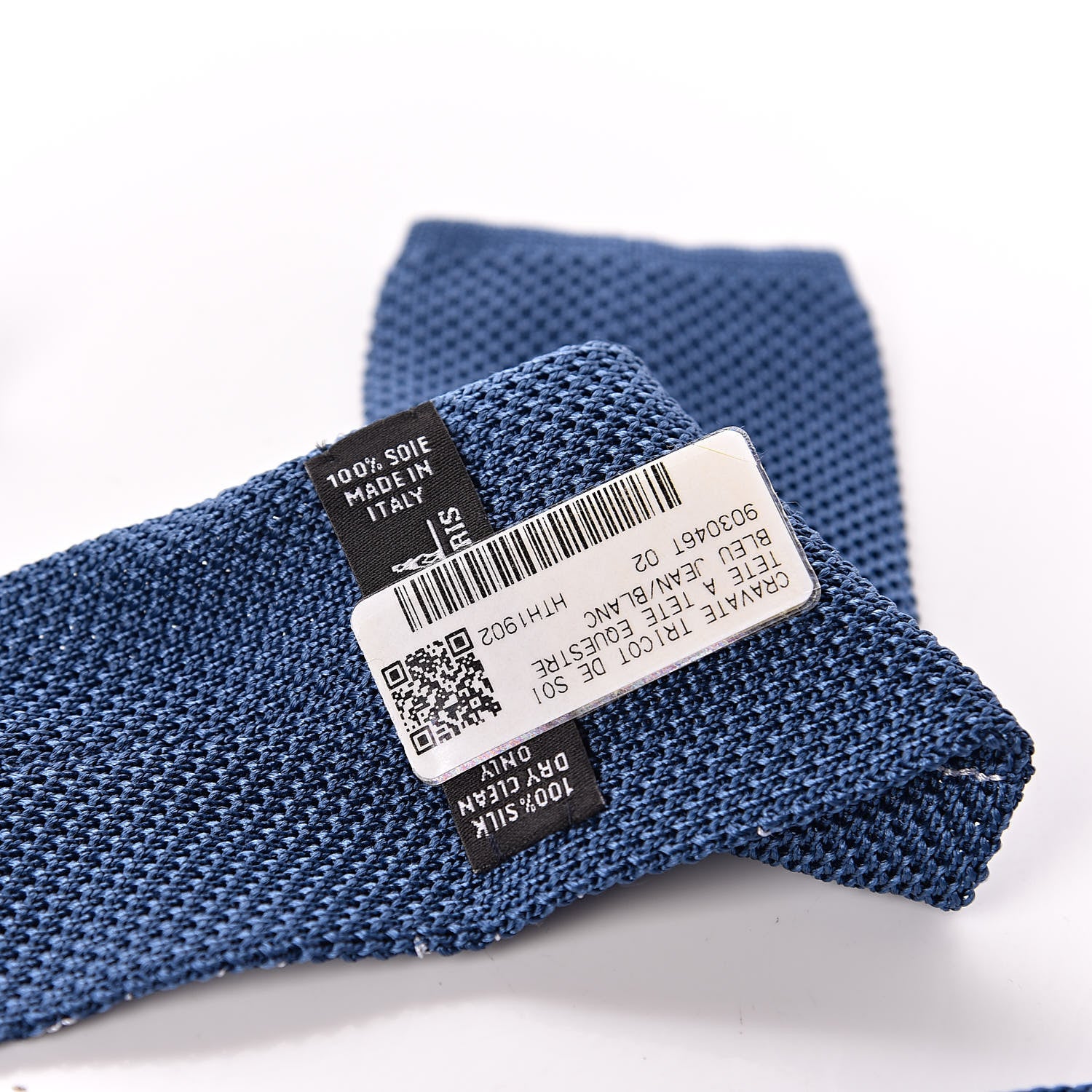 Hermes Silk Mens Tete A Tete Equestre Cravate Tricot Neck Tie Blue Jean Blanc 5 of 5