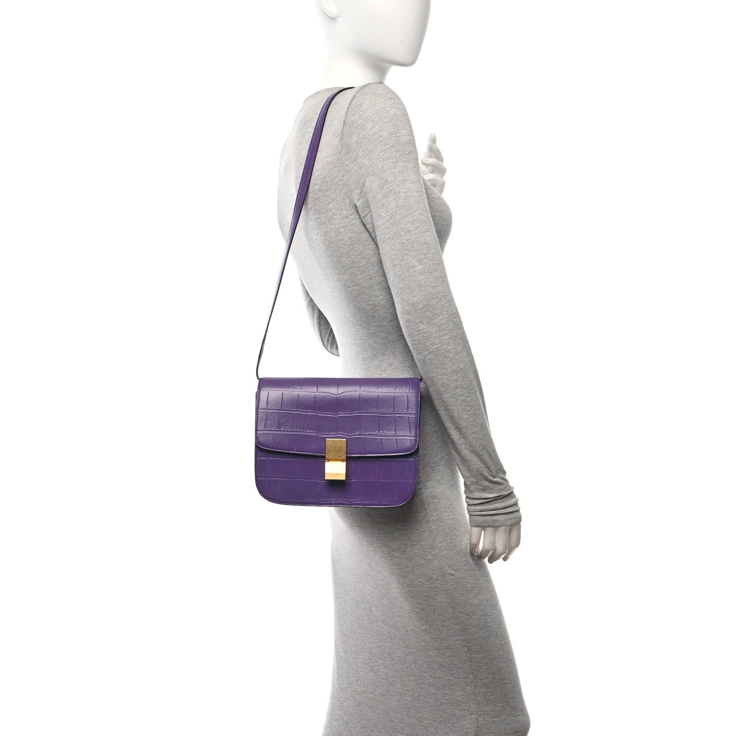 Calfskin Crocodile Embossed Medium Classic Box Flap Bag Purple