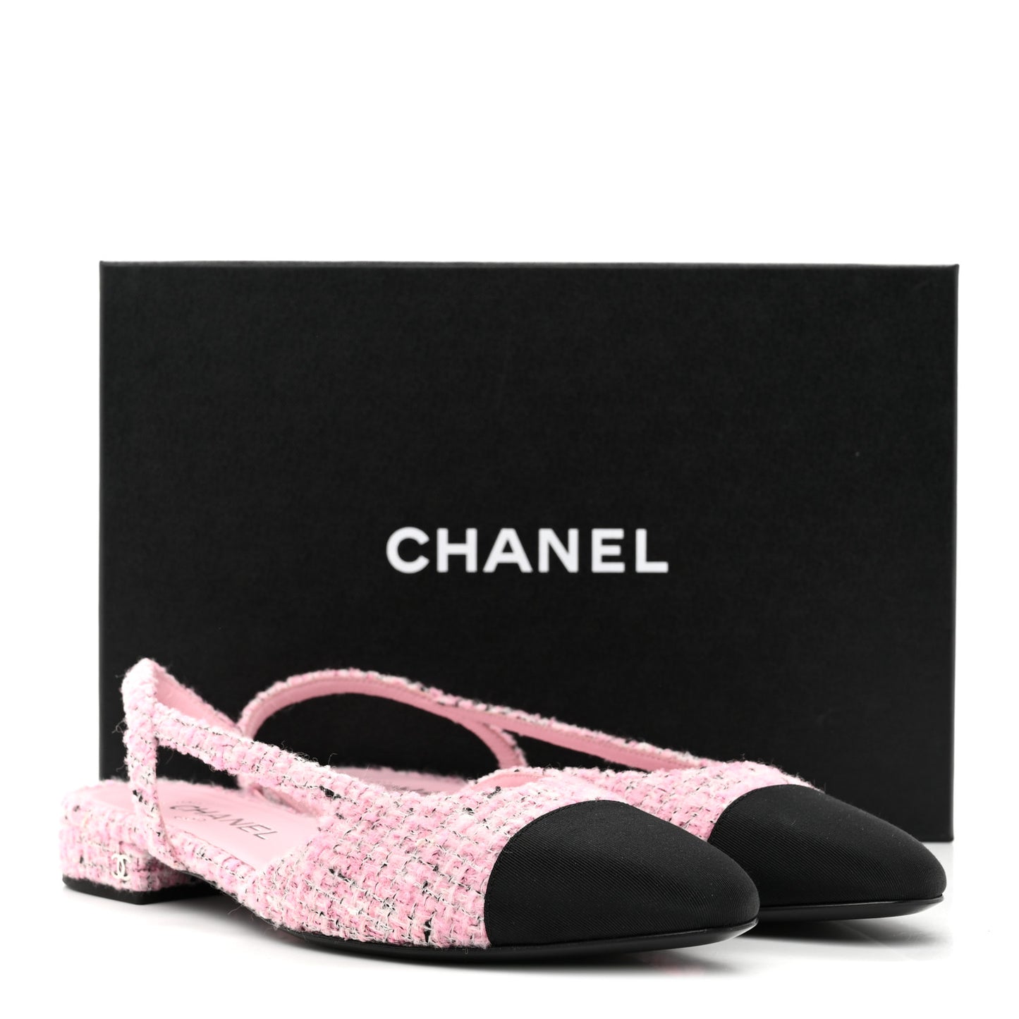 Tweed Grosgrain Cap Toe Slingback Flats 39 Pink White Black