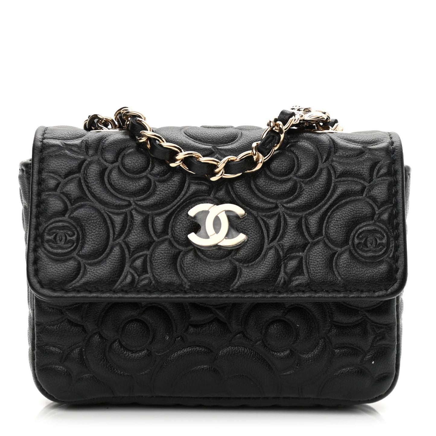 Lambskin Camellia Embossed Chain Belt Bag Black