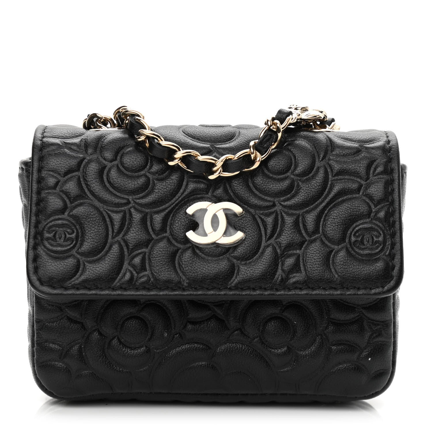 Chanel Lambskin Camellia Embossed Chain Belt Bag Black 1 of 12