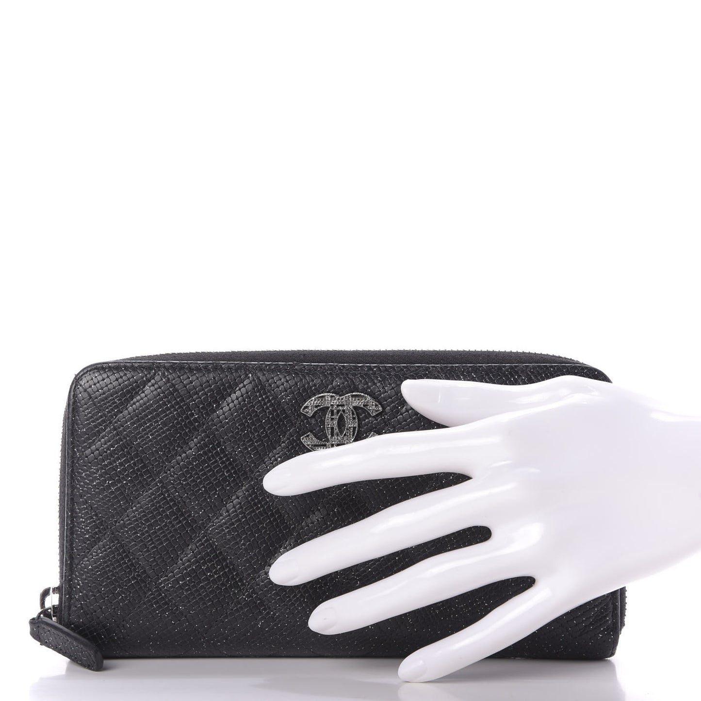 Glittered Calfskin Quilted Large Gusset Zip Wallet Black