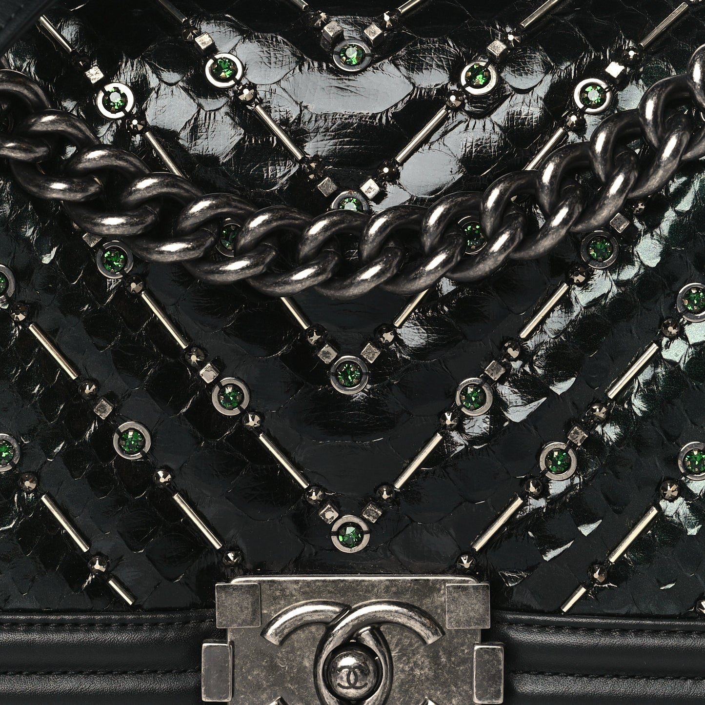 Lambskin Embroidered Python Chevron Medium Boy Flap Black Green