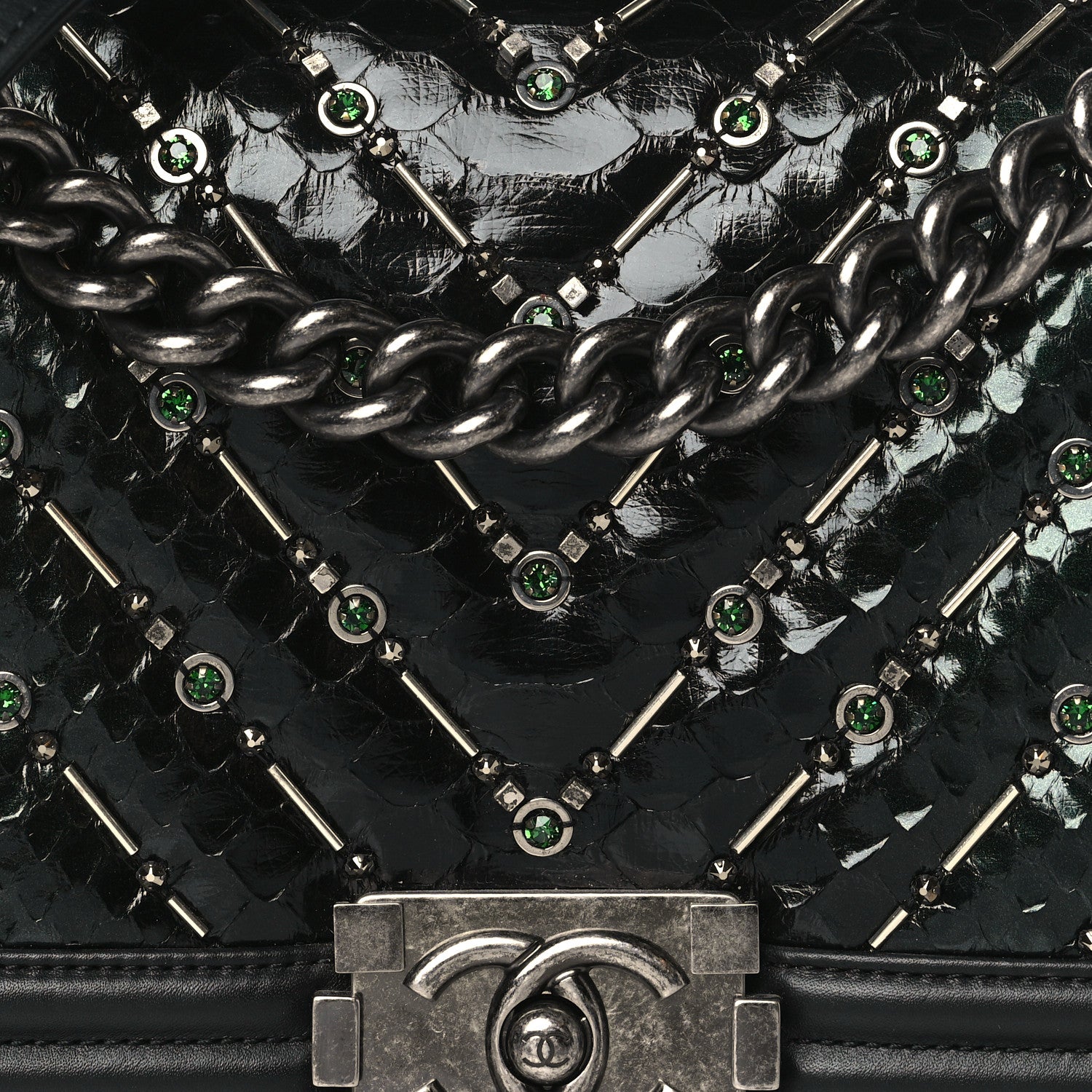 Chanel Lambskin Embroidered Python Chevron Medium Boy Flap Black Green 8 of 10