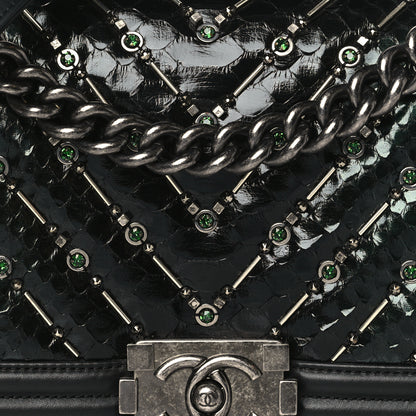 Chanel Lambskin Embroidered Python Chevron Medium Boy Flap Black Green 8 of 10