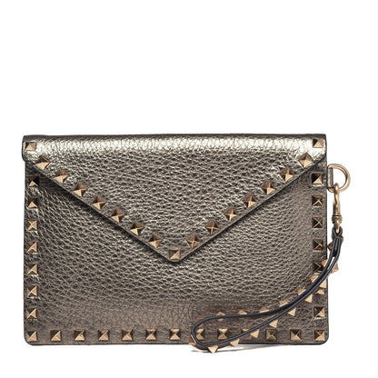 Valentino Garavani Metallic Pebbled Calfskin Medium Rockstud Envelope Flat Wristlet Pouch Sasso 1 of 7