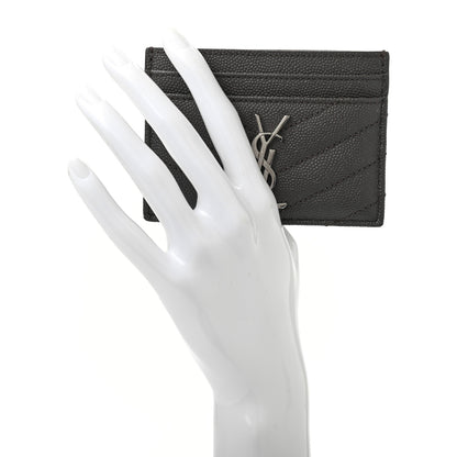 Saint Laurent Grain De Poudre Matelasse Chevron Monogram Credit Card Case Coal 2 of 7