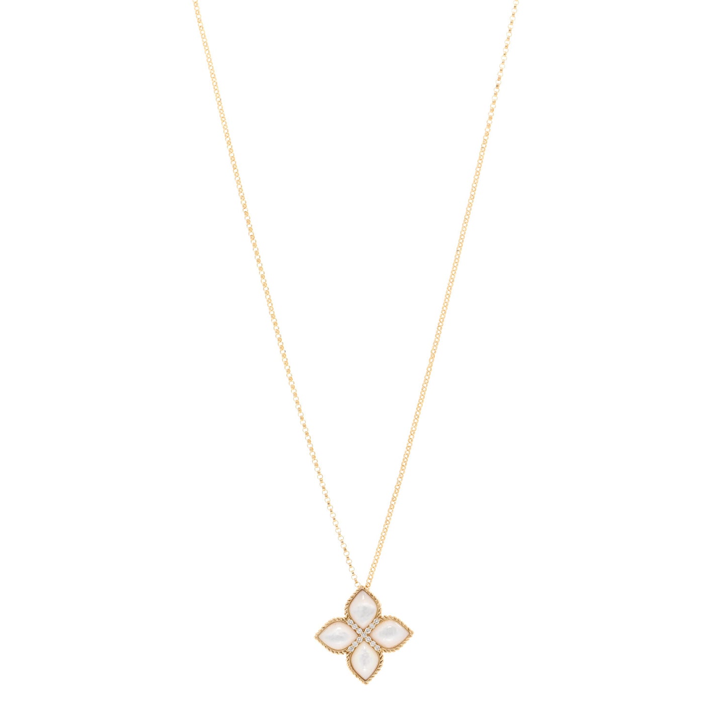 18K Yellow Gold Diamond Mother of Pearl Venetian Princess Medium Flower Pendant Necklace