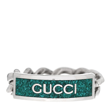 Gucci Sterling Silver Enamel Logo Chain Ring 59 8.75 Turquoise 1 of 5