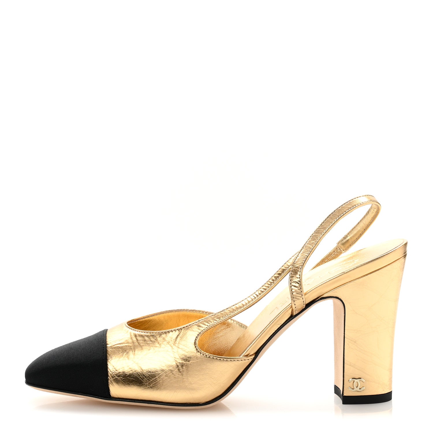 Chanel Laminated Crumpled Lambskin Grosgrain Cap Toe CC Slingback Pumps 39.5 Gold Black 1 of 10