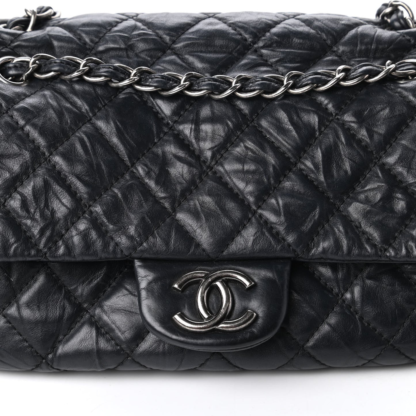 Distressed Lambskin Quilted Flap Black