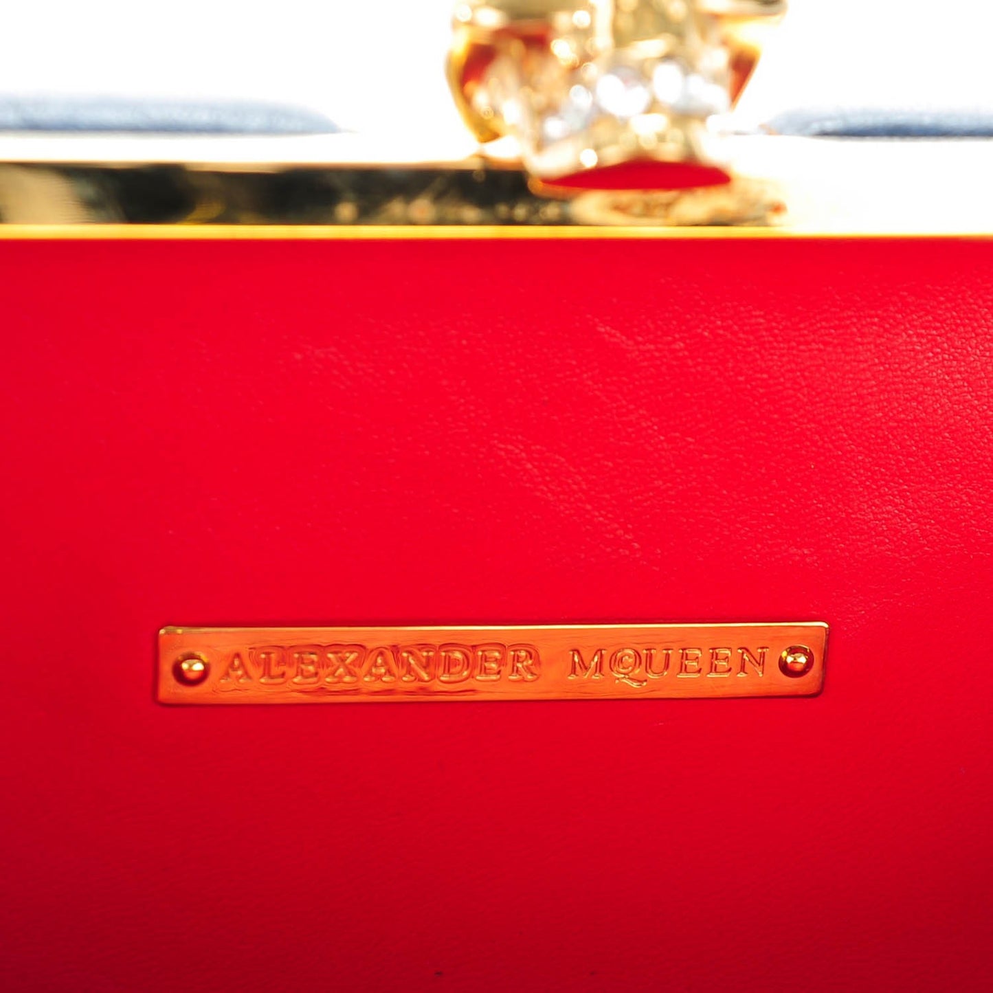 Patent Calfskin Britannia Skull Box Clutch Red Blue
