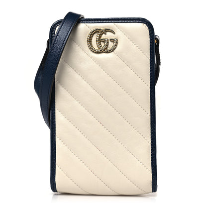 Gucci Vintage Effect Calfskin Matelasse Diagonal Torchon GG Marmont Phone Crossbody Bag Mystic White Blue Agata 1 of 10