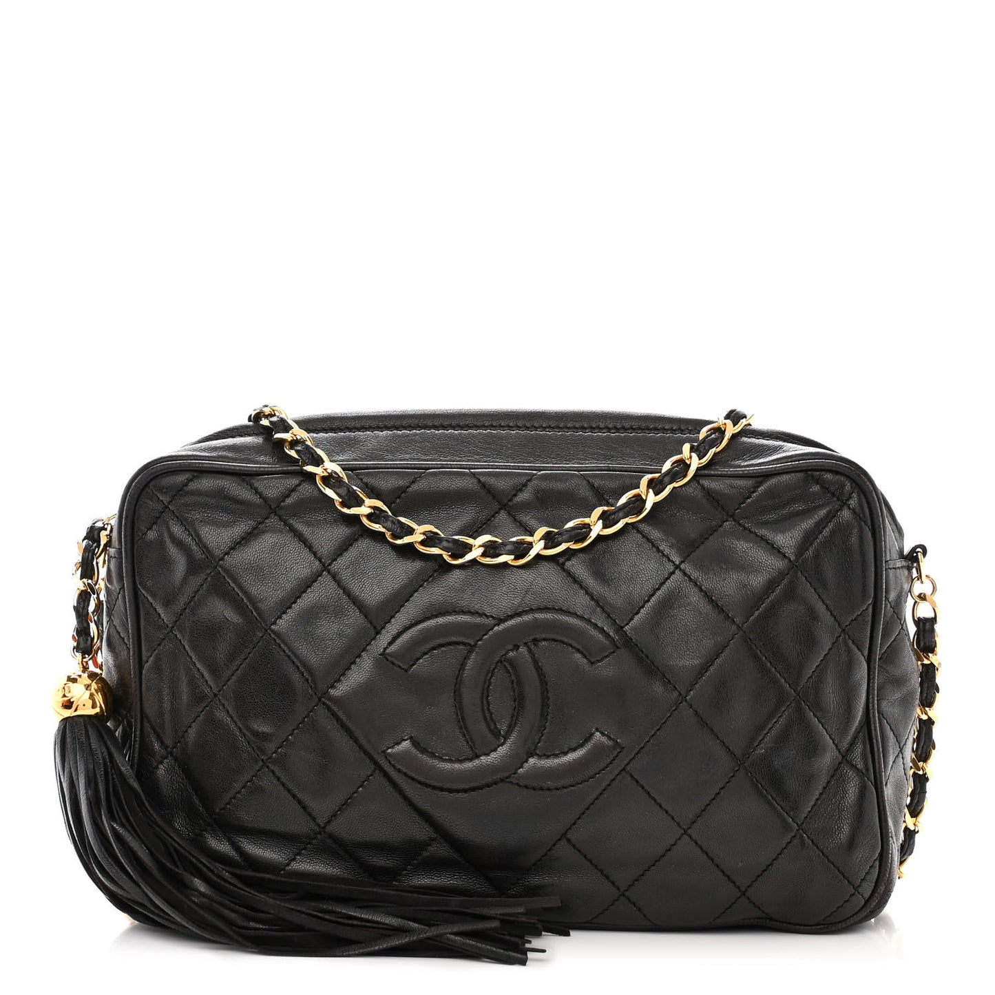 Lambskin Quilted CC Tassel Camera Case Black
