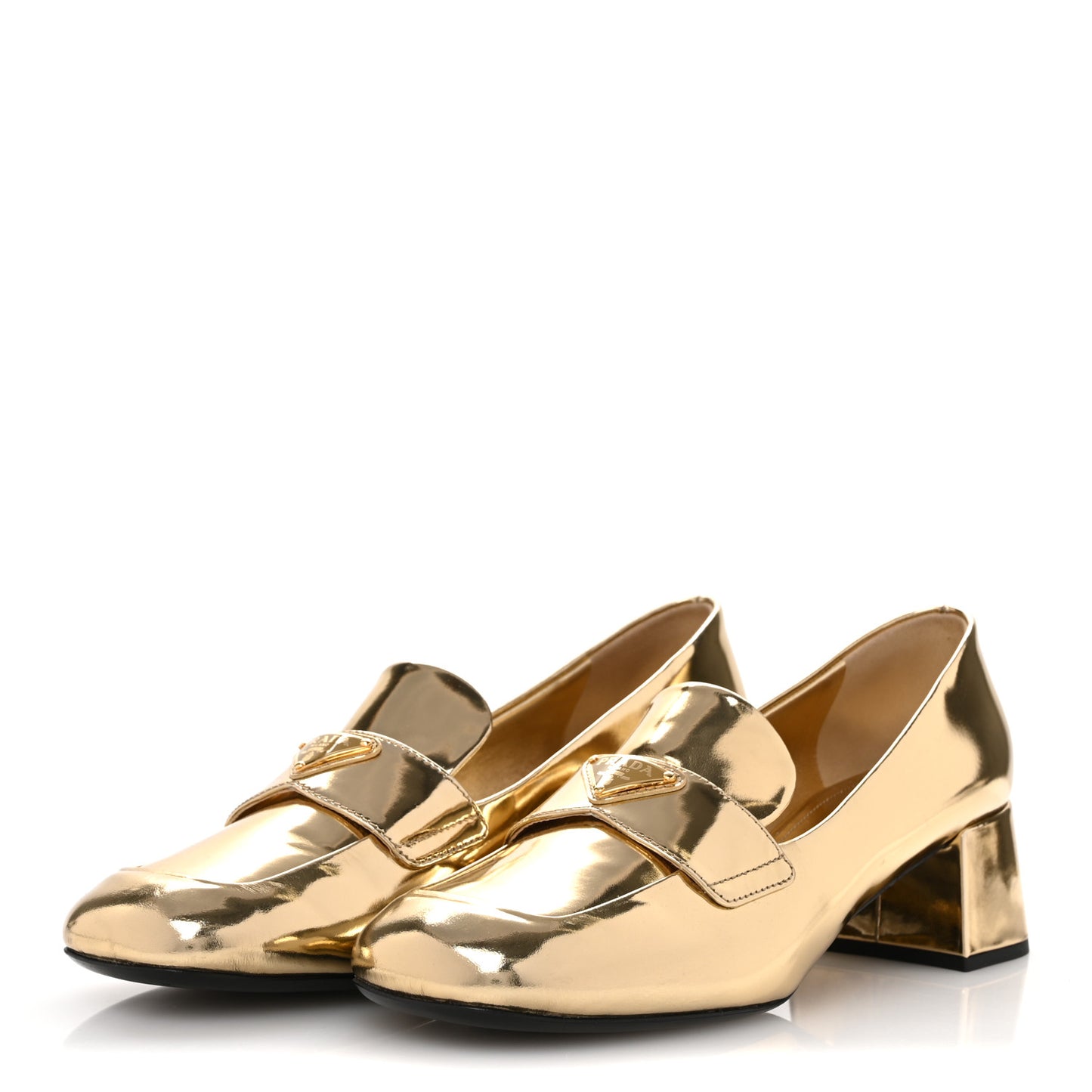 Metallic Patent Metal Triangle Logo 45mm Loafer Pumps 38.5 Platino