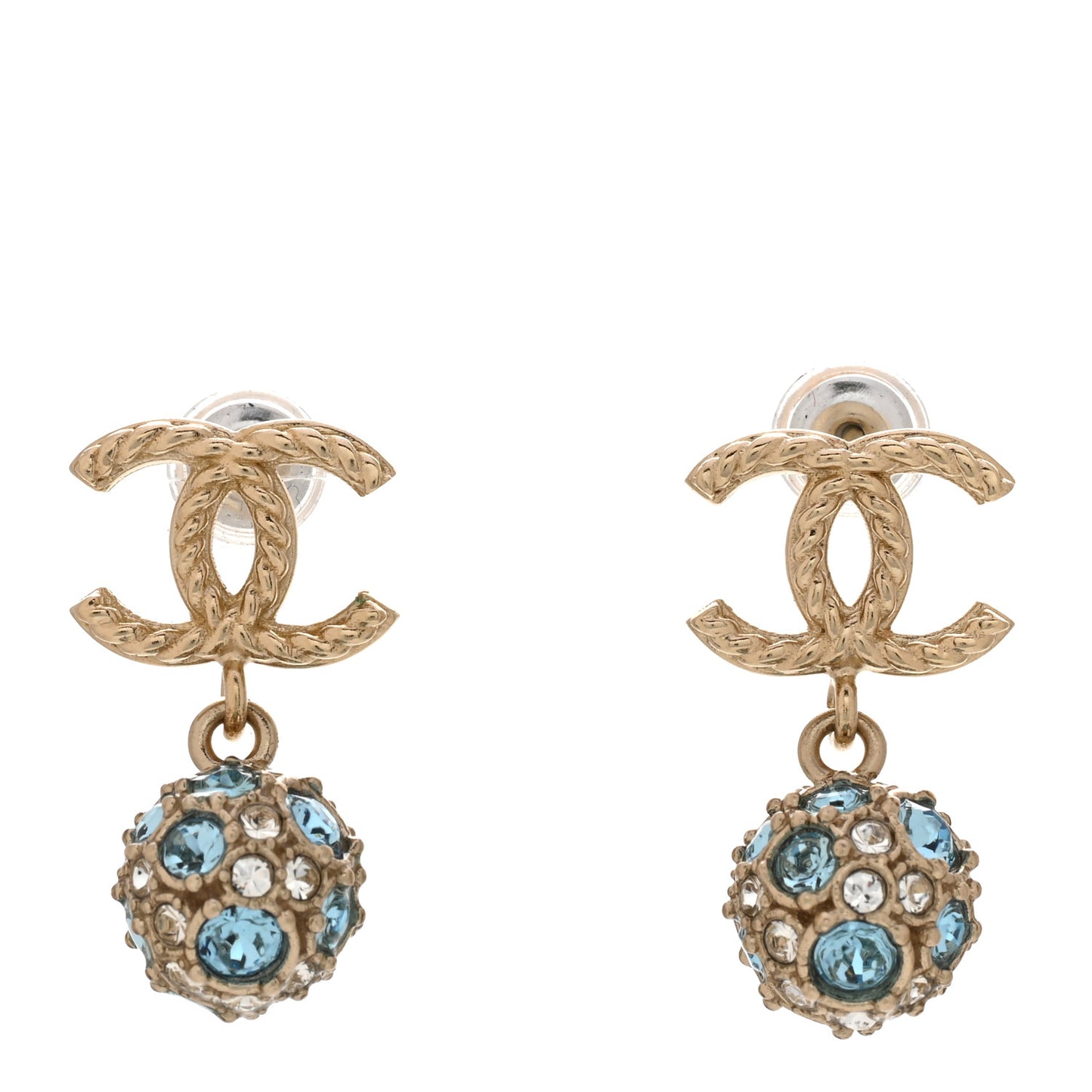 Crystal CC Ball Drop Earrings Gold Blue