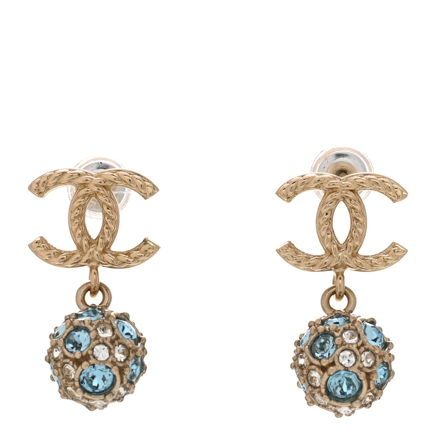 Chanel Crystal CC Ball Drop Earrings Gold Blue 1 of 4