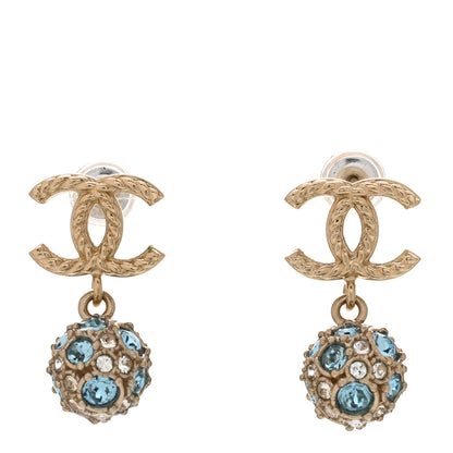 Chanel Crystal CC Ball Drop Earrings Gold Blue 1 of 4