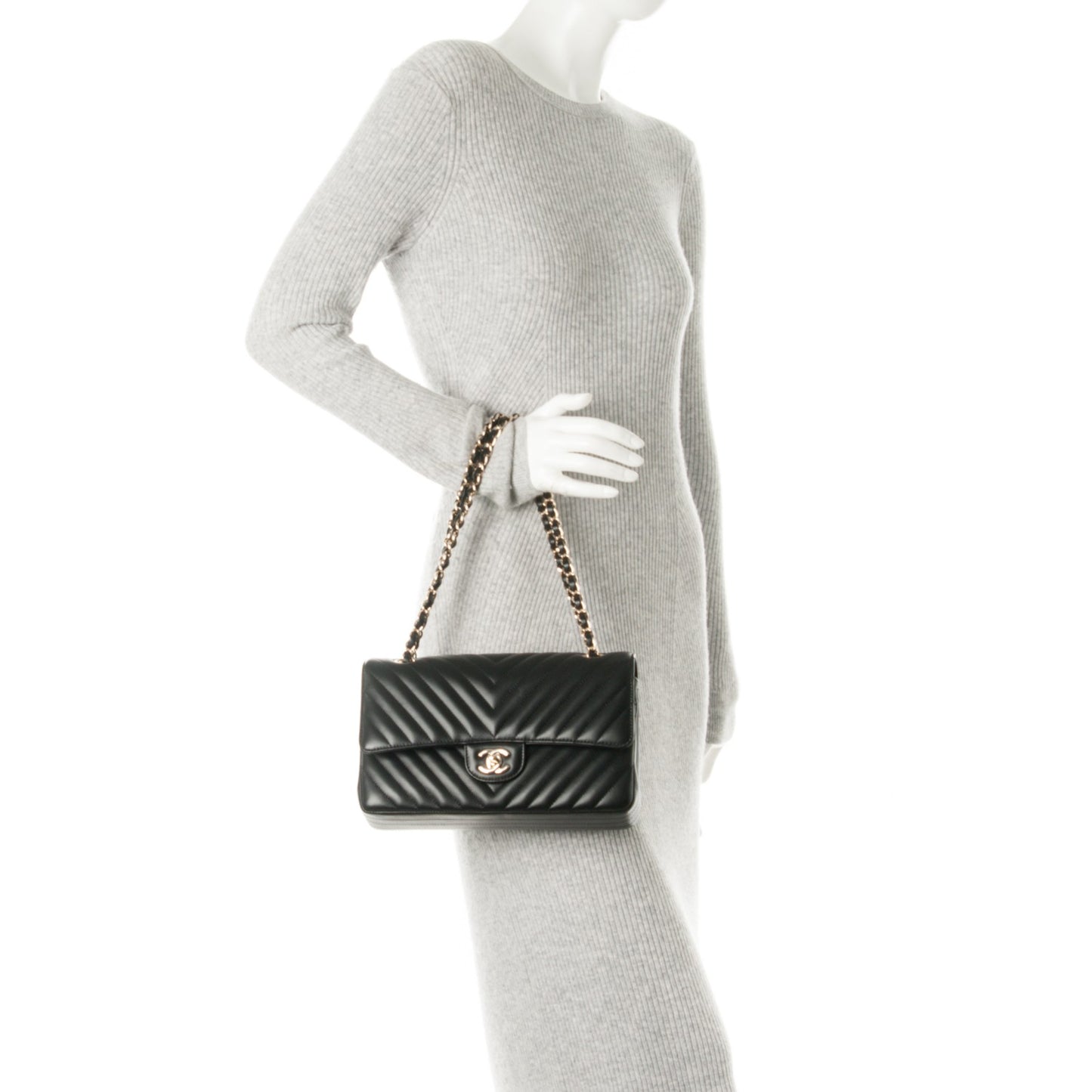 Lambskin Chevron Quilted Medium Double Flap Black