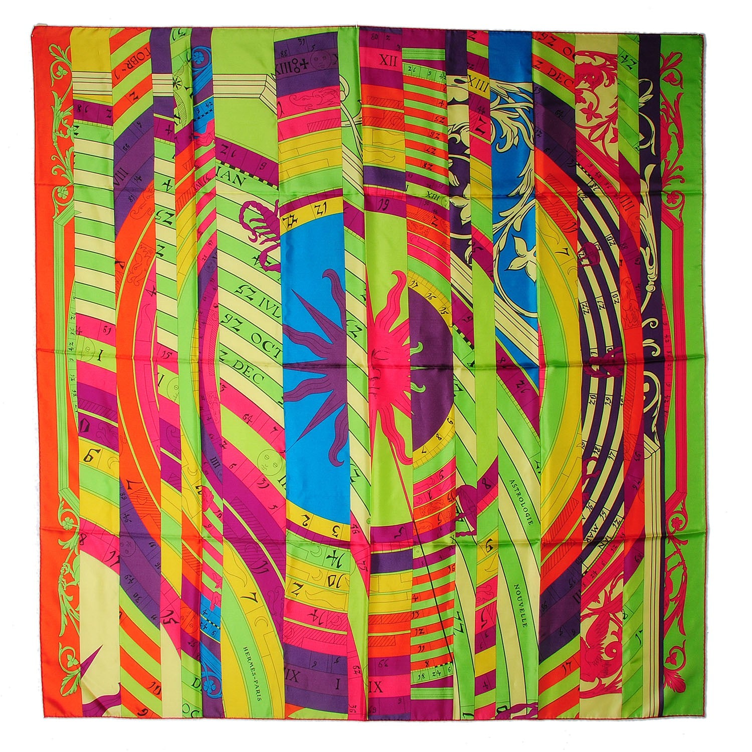 Hermes Summer Twill Silk Astrologie Nouvelle Scarf 140 Vert Fluo Rose Indien Cobalt 2 of 6