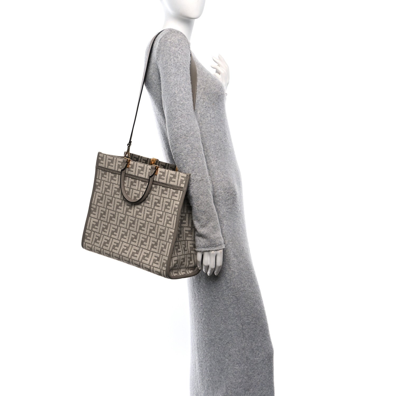 Fendi Chenille Vitello Cher FF Medium Fendi Sunshine Shopper Tote Tortora 3 of 9