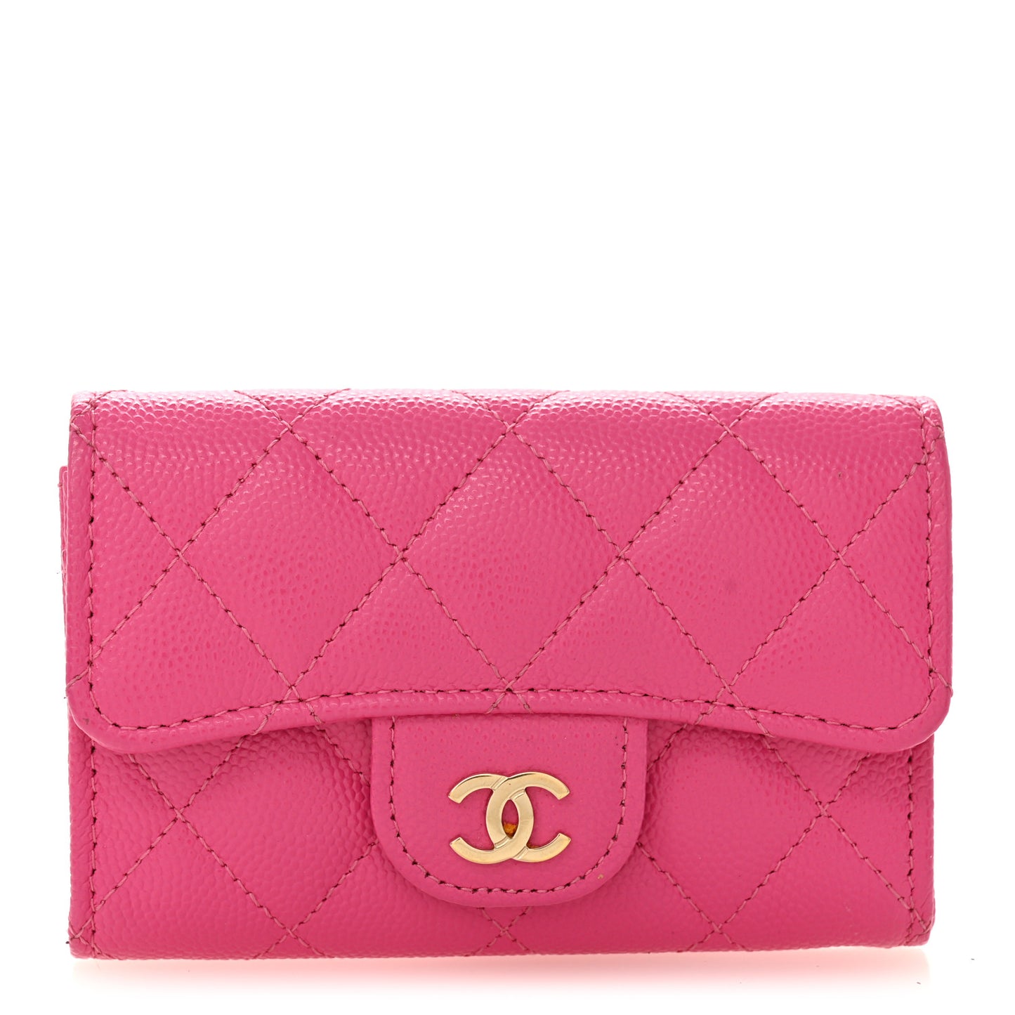 Caviar Quilted Flap Card Holder Wallet Dark Pink