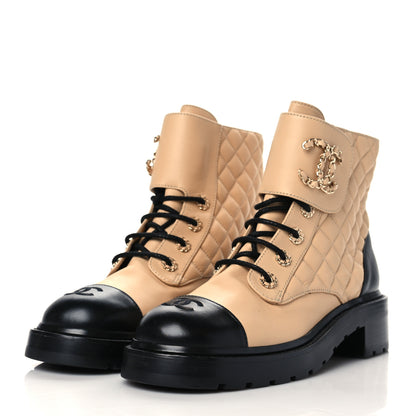 Chanel Shiny Lambskin Quilted Lace Up Combat Boots 41 Beige Black 3 of 8