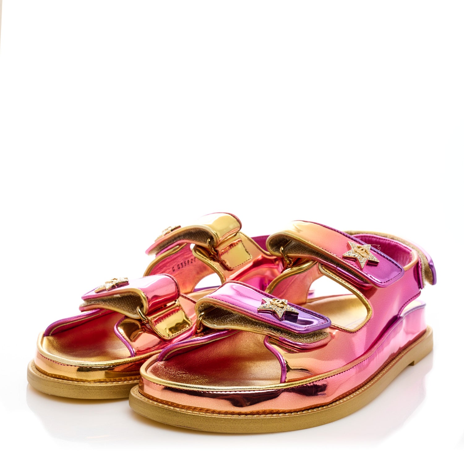 Chanel Metallic Laminated Calfskin Crystal Star CC Velcro Dad Sandals 40 Gold Multicolor 3 of 10