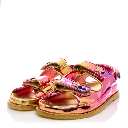 Chanel Metallic Laminated Calfskin Crystal Star CC Velcro Dad Sandals 40 Gold Multicolor 3 of 10