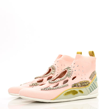 Valentino Garavani Calfskin Crystal Mesh Knit Cutout Odissey Sock Sneakers 37 Water Rose 3 of 7