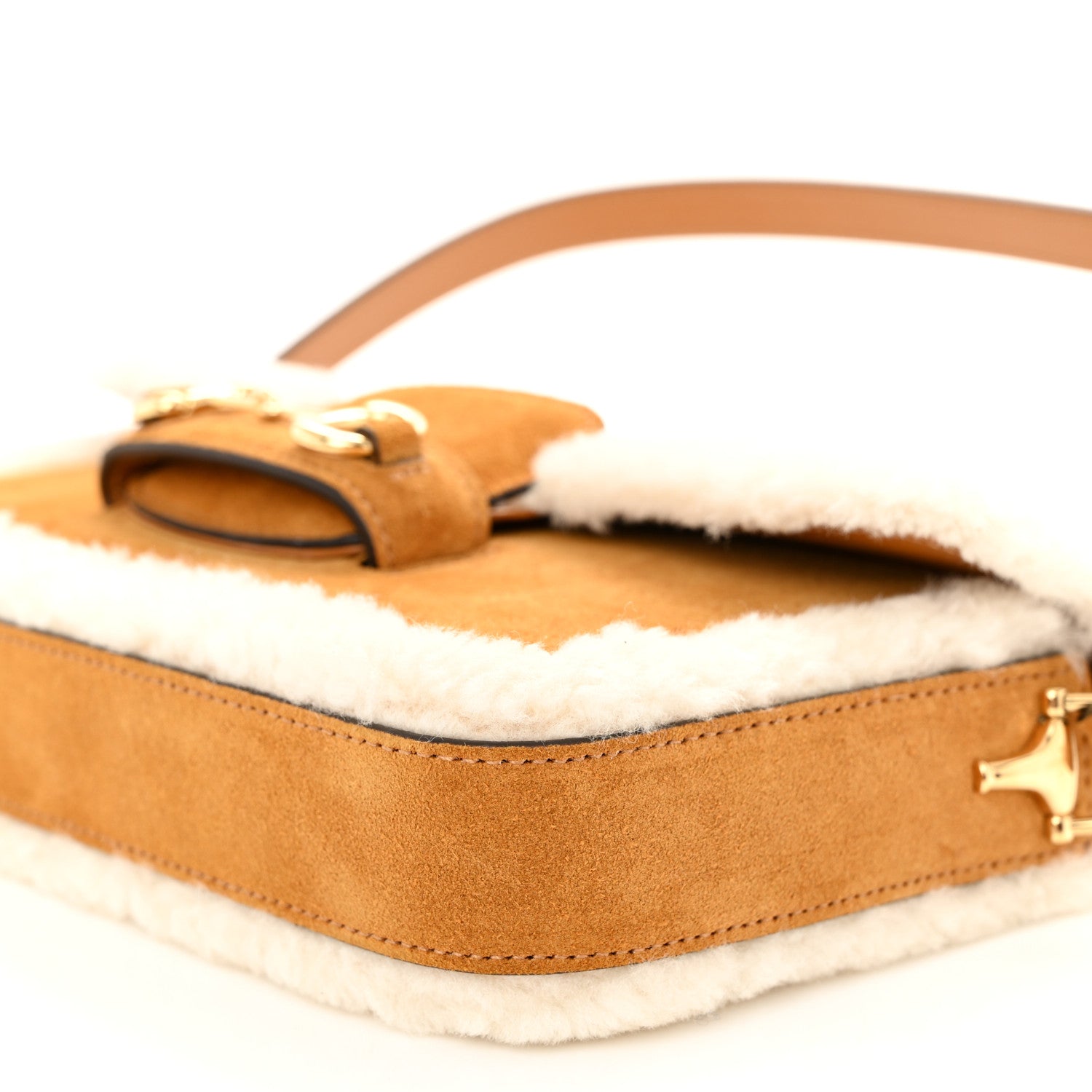 Gucci Suede Shearling Horsebit Mini 1955 Shoulder Bag Honey Beige Milk 12 of 13