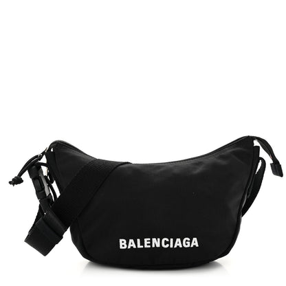 Balenciaga Recycled Sport Nylon Logo Embroidered Wheel Sling Bag Black White 1 of 9