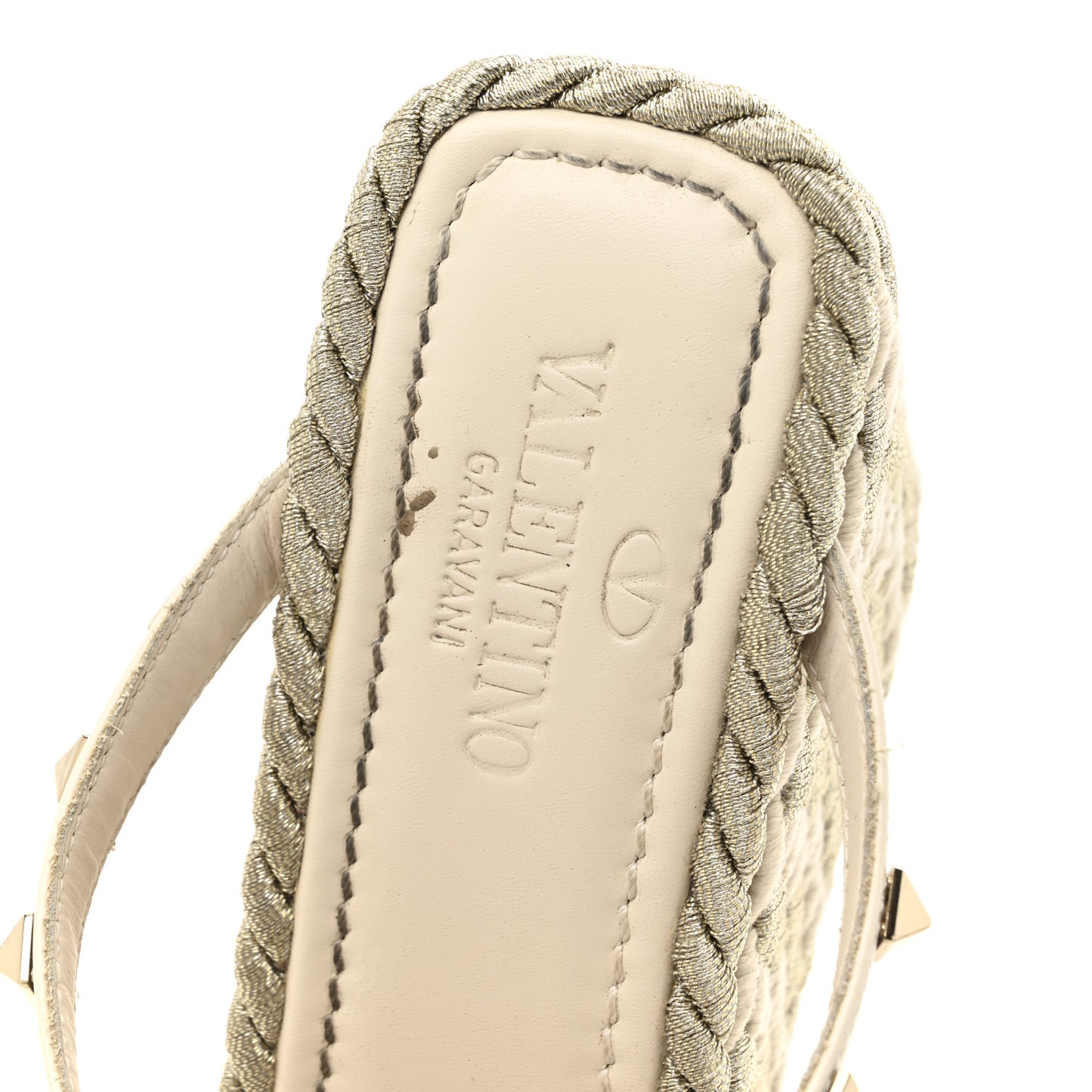 Calfskin Silk Rockstud Torchon Espadrille Wedge 25/95mm Slide Sandals 37 Light Ivory