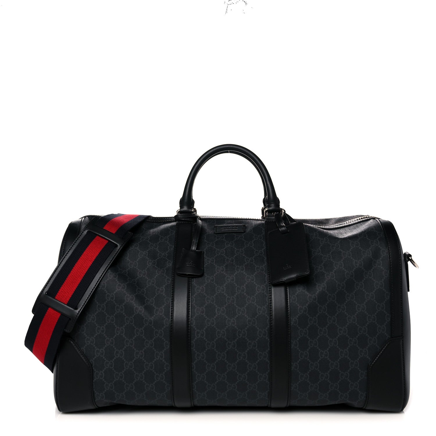 Gucci Soft GG Supreme Monogram Appia Calfskin Web Large Carry On Duffle Bag Black Grey 1 of 11