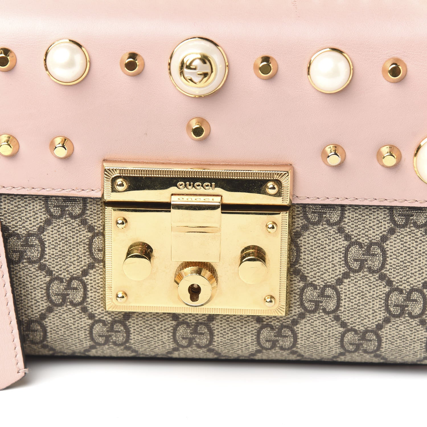 Gucci GG Supreme Monogram Calfskin Studded Small Padlock Shoulder Bag Beige Perfect Pink 9 of 9