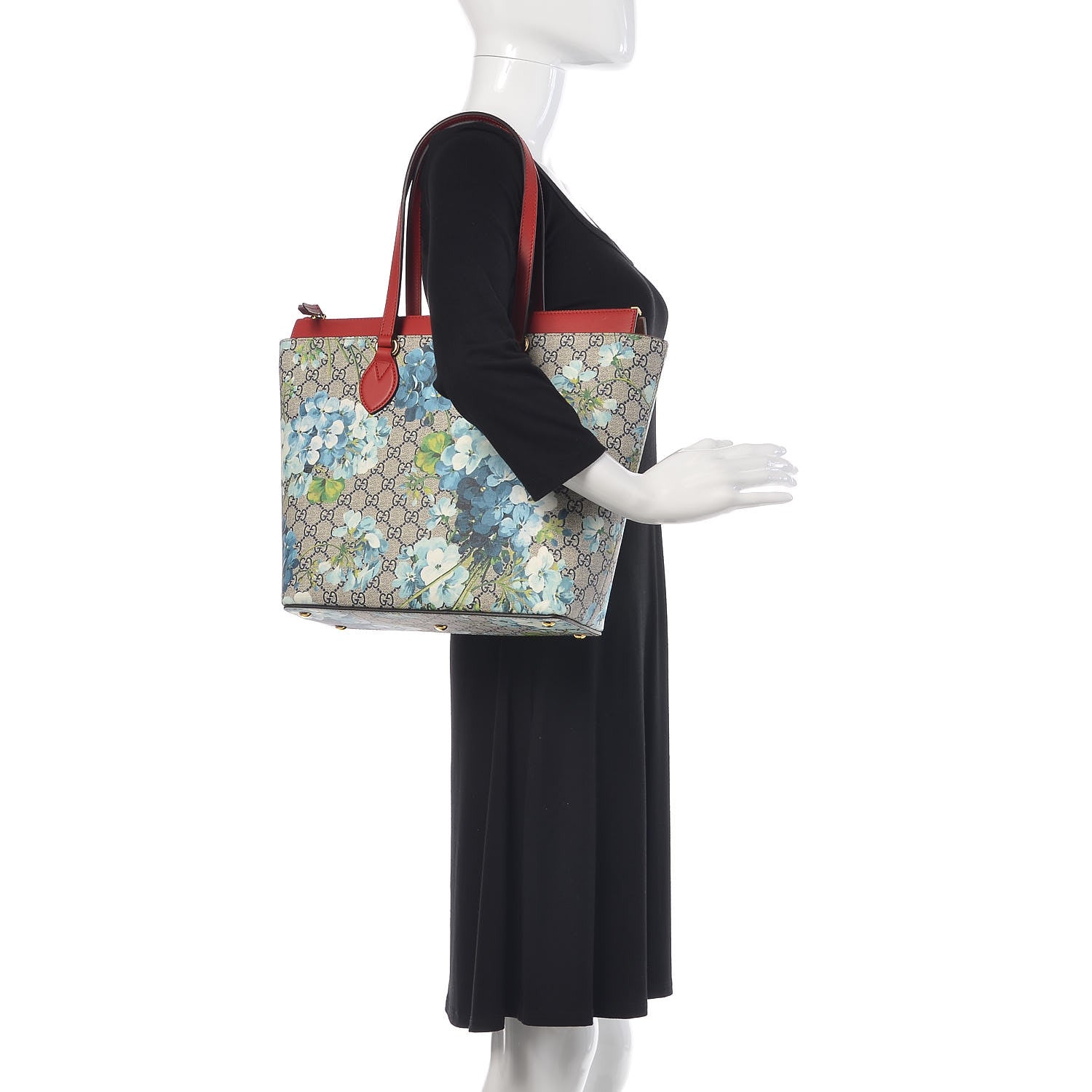 Gucci GG Supreme Monogram Blooms Medium Zippered Bucket Tote Beige Blue Navy Hibiscus Red 2 of 10