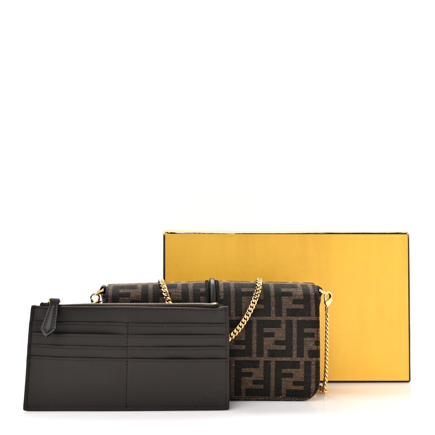 Fabric Jacquard Vitello Grace FF 1974 Fendigraphy Wallet On Chain Tobacco Moro Ebano