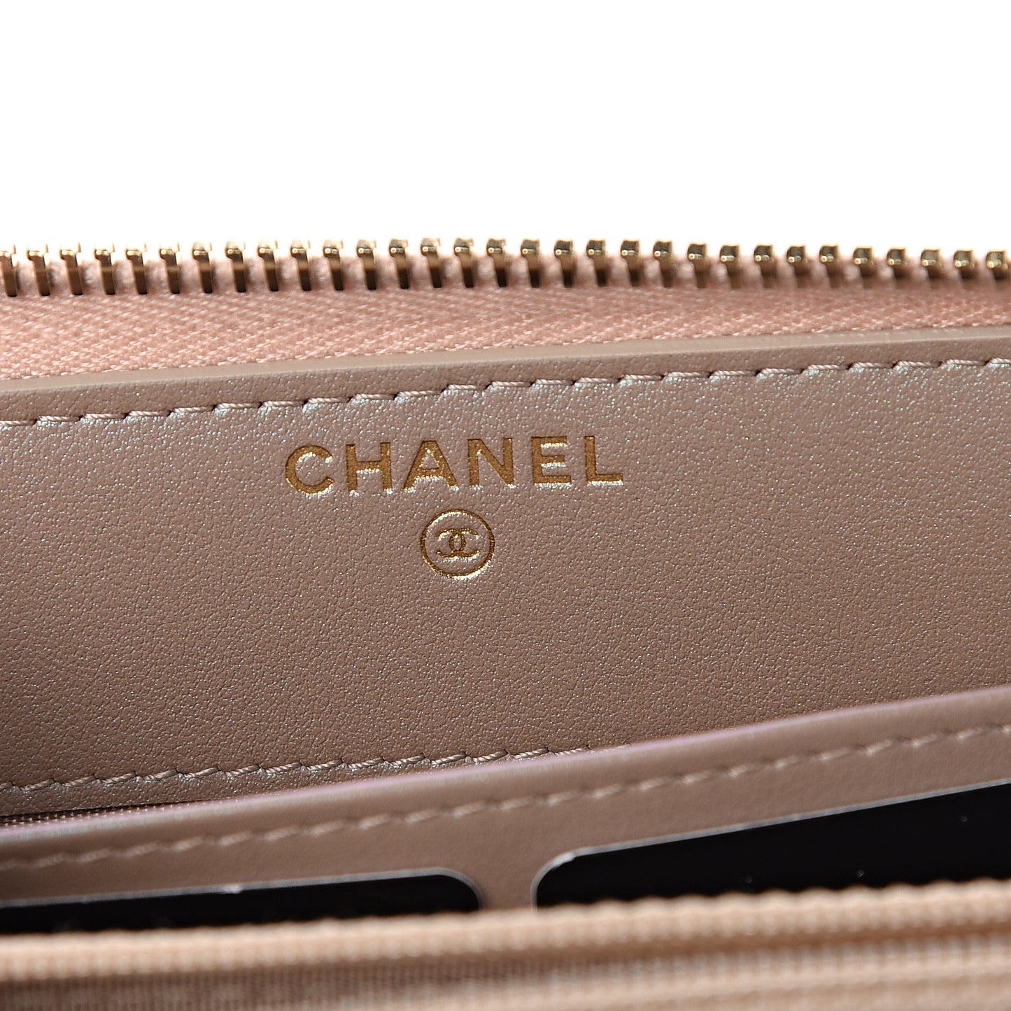 Iridescent Caviar Quilted Long Zip Around Wallet Beige