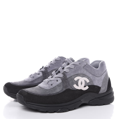 Chanel Suede Calfskin Womens CC Sneakers 37 Black Grey 3 of 9