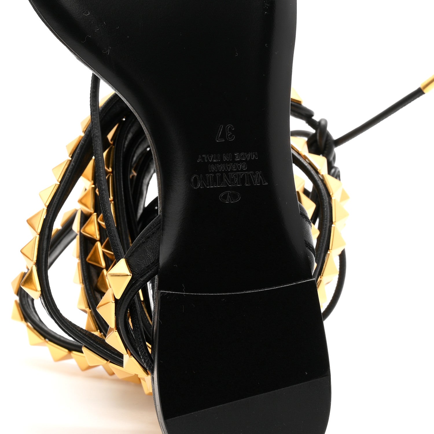 VALENTINO☆ブラック サンダル ゴールド 蛇 35.5 Valentino Garavani Calfskin Rockstud No Limit Gladiator Flat