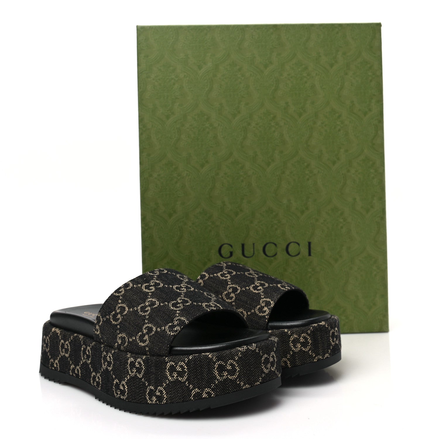 Gucci Jacquard Black Denim GG Monogram Angelina Platform 55mm Slide Sandals 37.5 Black Ivory 9 of 9