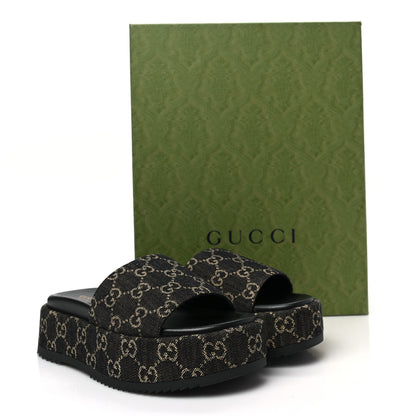 Gucci Jacquard Black Denim GG Monogram Angelina Platform 55mm Slide Sandals 37.5 Black Ivory 9 of 9
