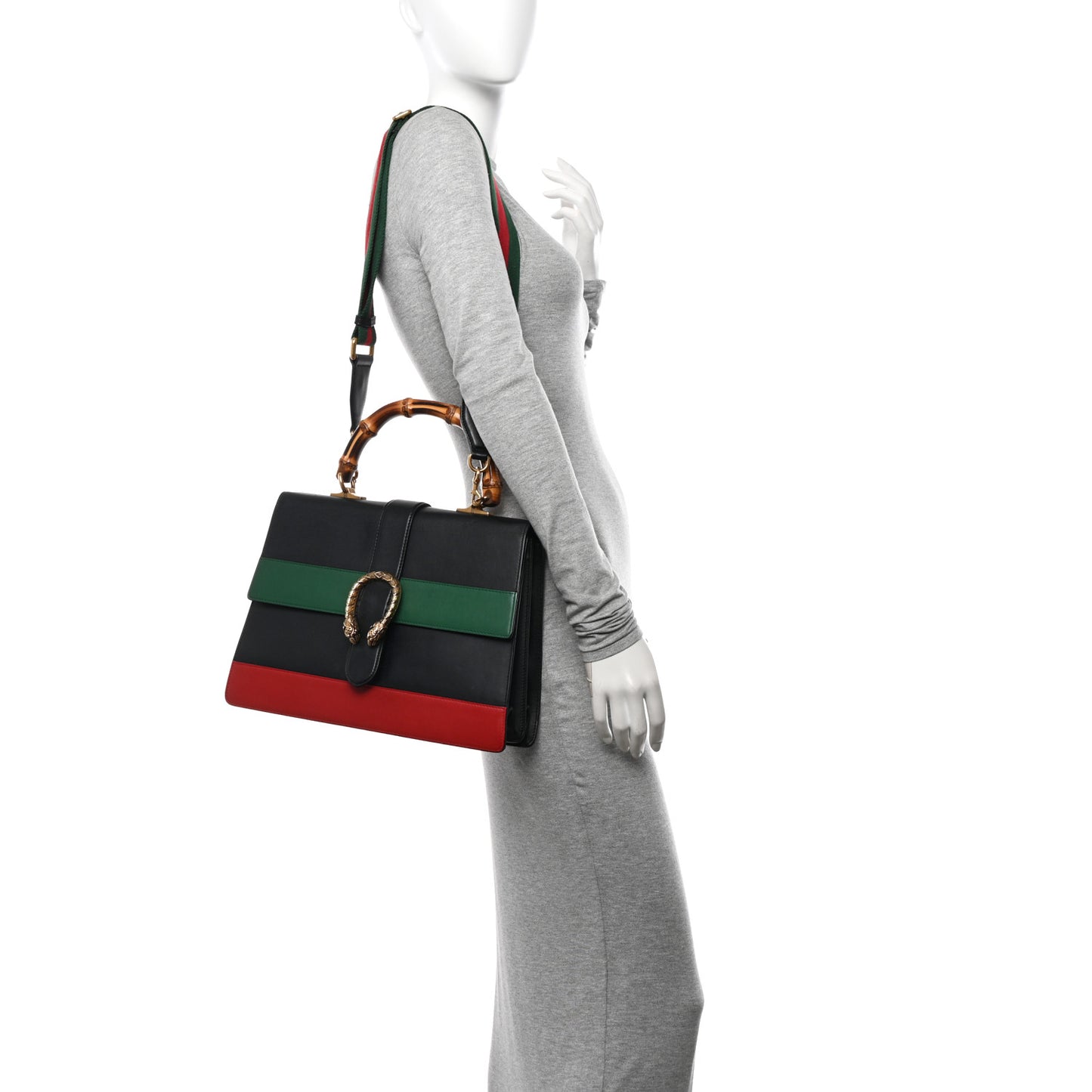 Calfskin Bamboo Web Large Dionysus Top Handle Bag Black Bright Evergreen Hibiscus Red