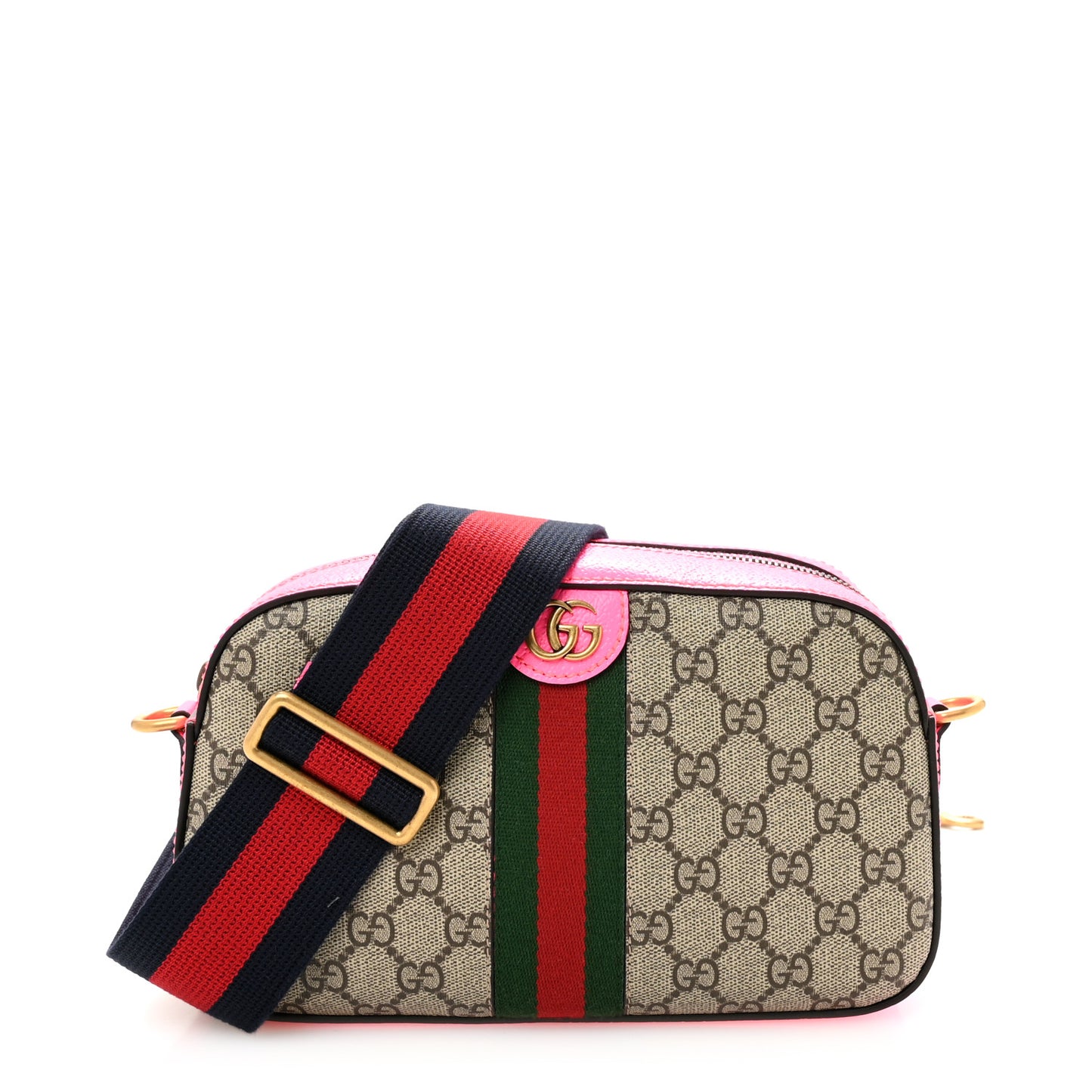GG Supreme Monogram Textured Dollar Calfskin Web Ophidia Small Crossbody Bag Beige Ebony Fuchsia